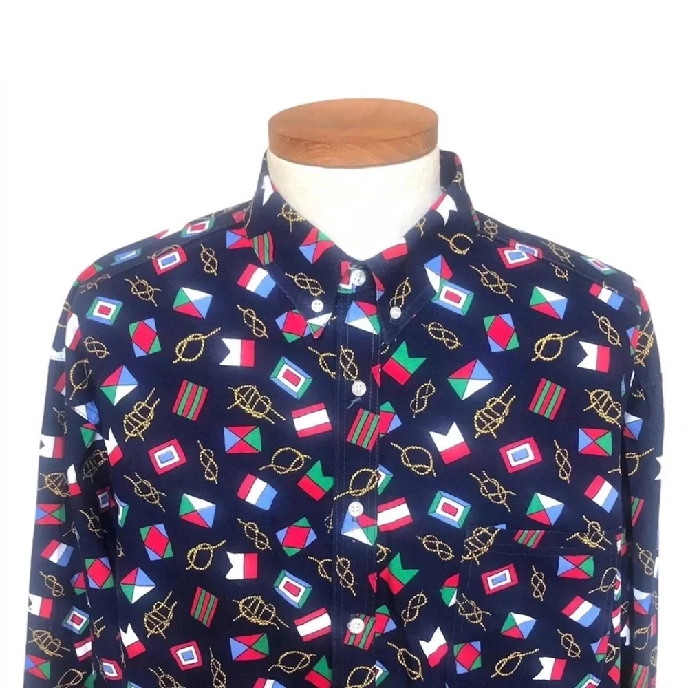 Men's Vintage Nautical Print Button Down Shirt Blue Multi